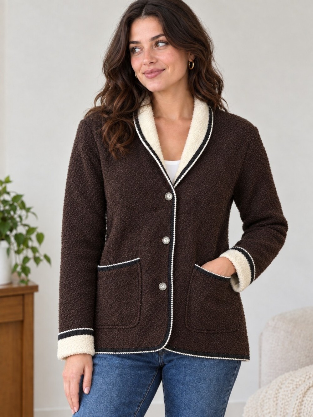 Vintage 80's Women’s 100% Wool Brown And Cream Button-Front Cardigan Sweater L